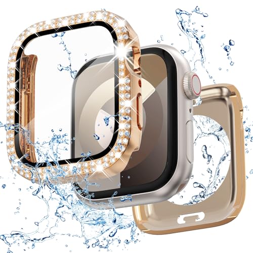 2 in 1 Bling wasserdichte Hülle für iWatch Serie SE 6 5 4 44 mm, 360 Schutz PC Abdeckung Vorder- und Rückseite mit gehärtetem Glas Displayschutzfolie, zweireihiges Diamant-Uhrengehäuse für Frauen, 44 von KADES