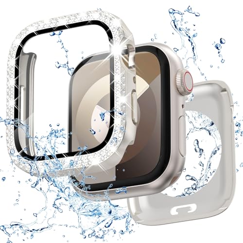 2 in 1 Bling wasserdichte Hülle für iWatch Serie SE 6 5 4 44 mm, 360 Schutz PC Abdeckung Vorder- und Rückseite mit gehärtetem Glas Displayschutzfolie, zweireihiges Diamant-Uhrengehäuse für Frauen, 44 von KADES