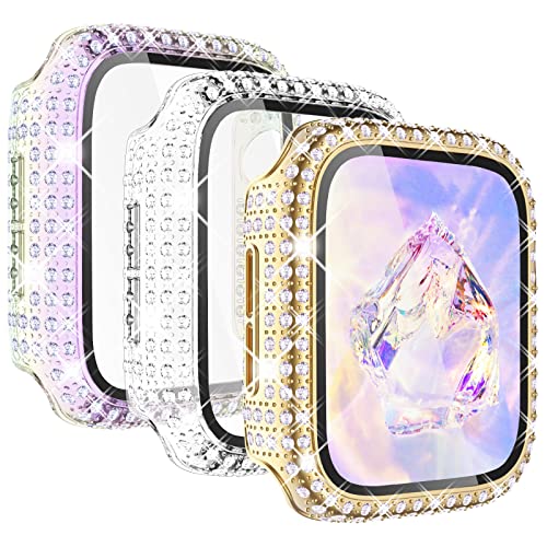 KADES 3-Pack Bling Cases Compatible for Apple Watch Case 40mm with Built-in Screen Protector for Apple Watch Series SE SE2022 6 5 4 (40mm, Gold/Irisierend/Clear) von KADES