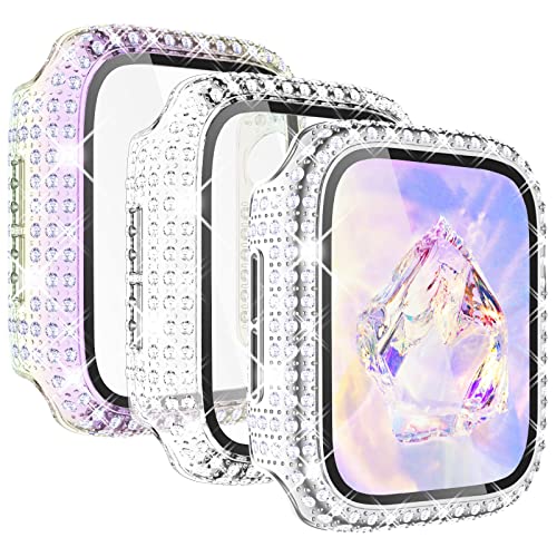 KADES 3 Stück Hülle kompatibel für Apple Watch Schutzhülle 44mm SE Series 6 Series 5 Series 4,iWatch Hülle Mit Glas Displayschutz, schutzfolie gehärtetem Glas für iWatch 44mm,Silber/Irisierend/Klar von KADES