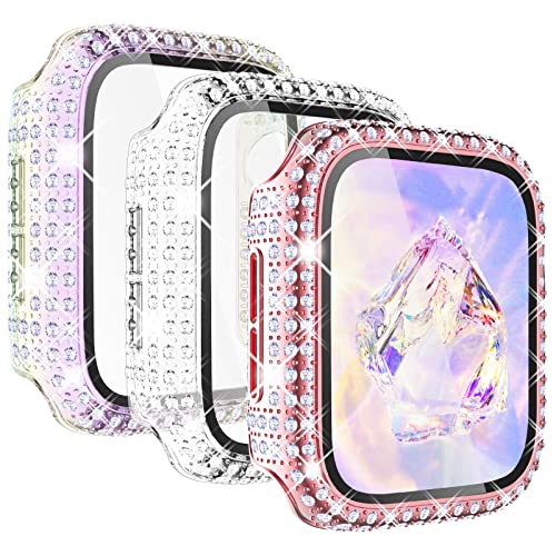 KADES 3er-Pack Bling Hüllen kompatibel mit Apple Watch 44 mm Hülle mit integriertem Displayschutz für iWatch Serie SE SE2022 6 5 4 (44 mm, Rosa/schillernd/transparent) von KADES