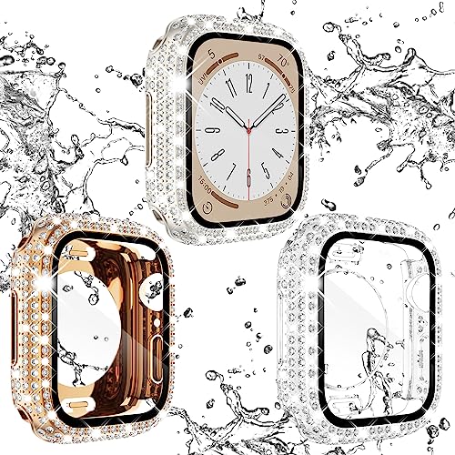 KADES 3er-Pack Schutzhülle für Apple Watch 41 mm, Bling 360 ° Schutz PC Abdeckung vorne&hinten Hülle mit Glas Displayschutzfolie iWatch Serie 8/7, Wasserdicht: Roségold/Sternenlicht/Transparent von KADES