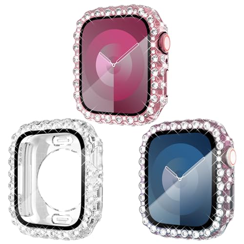 KADES 3er-Pack kompatibel mit Apple Watch SE Displayschutzfolie 40mm Spitzenkante,vollständig wasserdichter Bumper,iWatch 40mm Hülle Mit Glas Displayschutz Series SE 6 5 4,Rosa/Irisierend/Klar von KADES