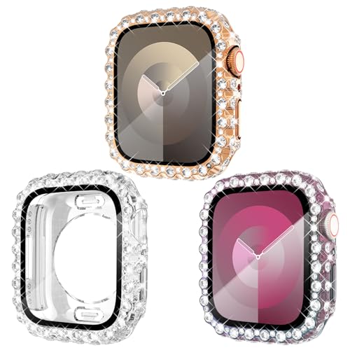 KADES 3er-Pack kompatibel mit Apple Watch Series 9 Displayschutzfolie 45mm Spitzenkante,vollständig wasserdichter Bumper,iWatch 45mm Hülle Mit Glas Displayschutz Series 9 8 7,Roségold/Irisierend/Klar von KADES