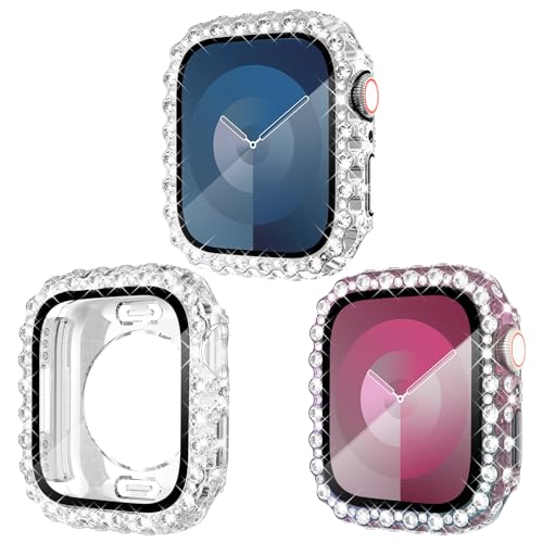 KADES 3er-Pack kompatibel mit Apple Watch Series 9 Displayschutzfolie 45mm Spitzenkante,vollständig wasserdichter Bumper,iWatch 45mm Hülle Mit Glas Displayschutz Series 9 8 7,Silber/Irisierend/Klar von KADES