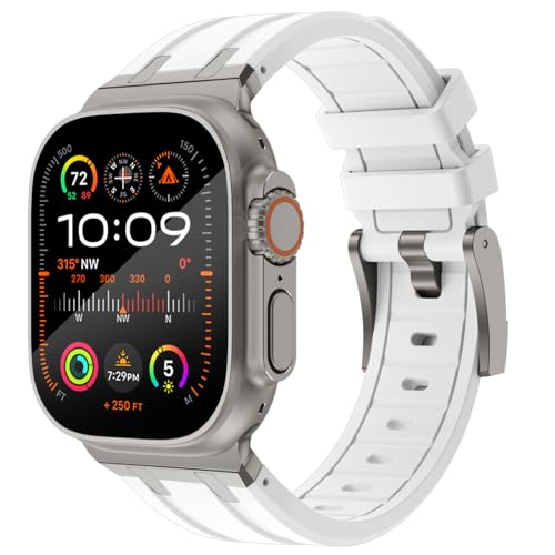 KADES 49mm 45mm 44mm 42mm für Apple Watch Ultra 2 Armband,Flüssigsilikonkautschukarmband für iWatch Ultra 2/1,Series 9/8/7/6/5/4/3/2/1/SE,luxuriöses AP-Gummiarmband mit Edelstahladapter,Weiß/Titan von KADES