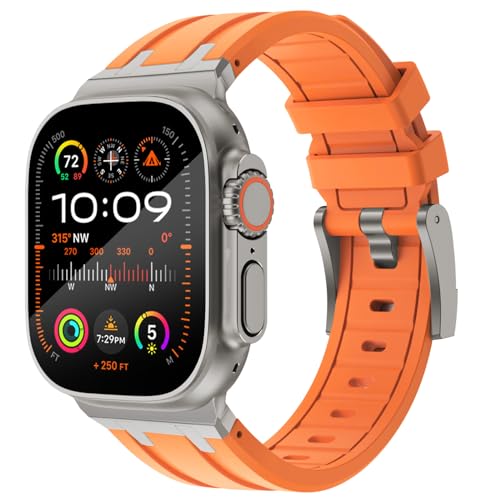 KADES 49mm 45mm 44mm 42mm für Apple Watch Ultra 2 Armband,Flüssigsilikonkautschukarmband für iWatch Ultra 2/1,Series 9/8/7/6/5/4/3/2/1/SE,luxuriöses AP-Gummiarmband mit Edelstahladapter,Orange/Titan von KADES