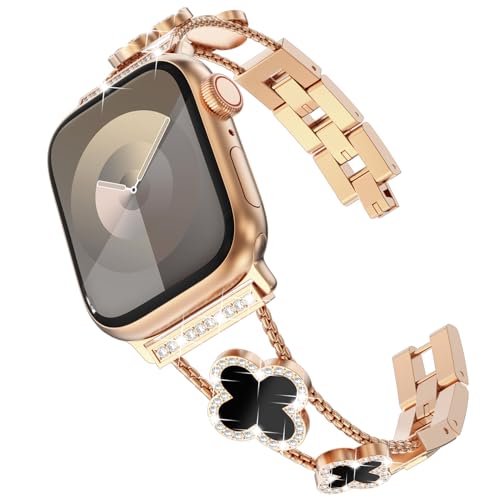 KADES Kompatibel mit Apple Watch Armband Damen,Bling Diamond Edelstahlarmband für iWatch 45mm 44mm 49mm 42mm Series 9/8/7/6/5/4/3/2/1,Metallarmband für Apple Watch SE Armband,Roségold/Schwarz von KADES