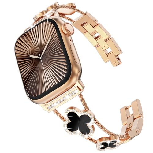 KADES Kompatibel mit Apple Watch Armband Damen,Bling Diamond Strass Edelstahlarmband für Apple Watch 41mm 40mm 38mm Series 9/8/7/6/5/4/3/2/1, Metallarmband für Apple Watch SE Armband,Roségold/Schwarz von KADES