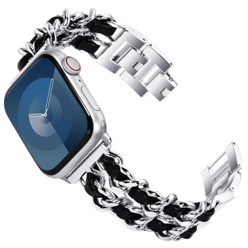 KADES Kompatibel mit Apple Watch Armband Series 9 45mm,Damen Edelstahl Armband Gliederarmband Ersatzarmband für iWatch Armband 49mm 45mm 44mm 42mm Ultra/SE/Series 9 8 7 6 5 4 3 2 1,Silber/Schwarz von KADES