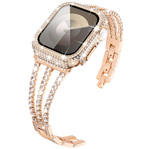 KADES Kompatibel mit Apple Watch Armband und Hülle Serie 8 7, glitzerndes Diamant-Armband mit vollem Diamant-Schutzstoß, eingebautem gehärtetem Glas Displayschutzfolie (41 mm, Roségold) von KADES