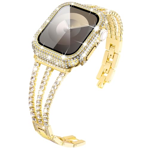 KADES Kompatibel mit goldenem Apple Watch-Armband mit Hülle Serie 9, 8, 7, glitzerndes Diamant-Armband mit vollen Diamanten, schützender Stoßfänger, eingebauter Displayschutz aus gehärtetem Glas (45 von KADES