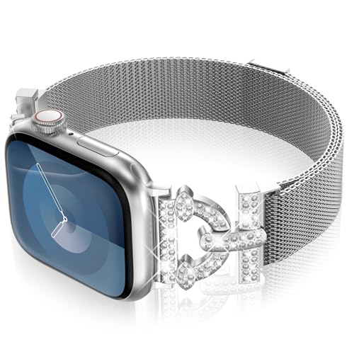 KADES Magnetisches Armband kompatibel mit Apple Watch Armband 41mm 40mm 38mm, Bling Diamant Strass Edelstahl-Maschen-Loop für Apple Watch Series SE 9 8 7 6 5 4 3 2 1 41mm 40mm 38mm Frauen,Silber von KADES