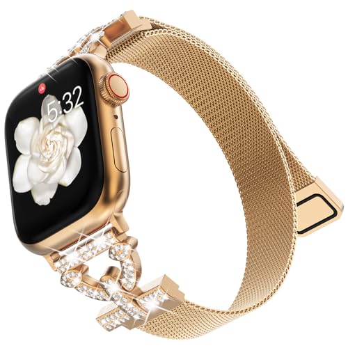 KADES Magnetisches Armband kompatibel mit Apple Watch Armband 45mm 44mm 42mm, Bling Diamant Strass Edelstahl-Maschen-Loop für Apple Watch Series SE 9 8 7 6 5 4 3 2 1 45mm 44mm 42mm Frauen,Roségold von KADES