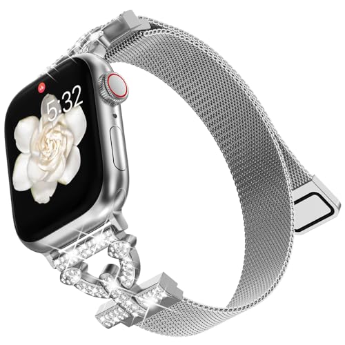KADES Magnetisches Armband kompatibel mit Apple Watch Armband 45mm 44mm 42mm, Bling Diamant Strass Edelstahl-Maschen-Loop für Apple Watch Series SE 9 8 7 6 5 4 3 2 1 45mm 44mm 42mm Frauen,Silber von KADES