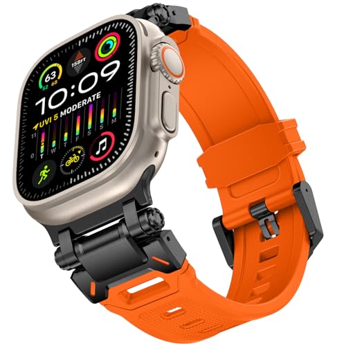 KADES für Apple Watch Ultra 2 Armband 49mm, für Apple Watch Armband Serie 9/8/SE2/7/6/SE/5/4/3/2/1 45mm/44mm/42mm langlebiges Metallverbindungsband, robustes TPU-Sport-Ersatzband, Schwarz/Orange von KADES