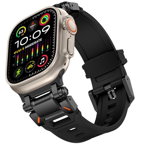 KADES für Apple Watch Ultra 2 Armband 49mm, für Apple Watch Armband Serie 9/8/SE2/7/6/SE/5/4/3/2/1 45mm/44mm/42mm langlebiges Metallverbindungsband, robustes TPU-Sport-Ersatzband, Schwarz/Schwarz von KADES