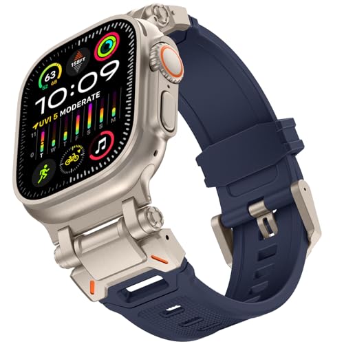 KADES für Apple Watch Ultra 2 Armband 49mm, für Apple Watch Armband Serie 9/8/SE2/7/6/SE/5/4/3/2/1 45mm/44mm/42mm langlebiges Metallverbindungsband, robustes TPU-Sport-Ersatzband,Titan/Marineblau von KADES