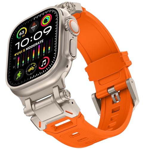 KADES für Apple Watch Ultra 2 Armband 49mm, für Apple Watch Armband Serie 9/8/SE2/7/6/SE/5/4/3/2/1 45mm/44mm/42mm langlebiges Metallverbindungsband, robustes TPU-Sport-Ersatzband,Titan/Orange von KADES