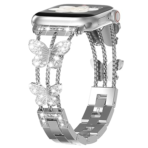 KADES 42mm(series 10) 41mm 40mm 38mm für Apple Watch Armband für Damen,Schmetterlings Glitzer Gliederarmband Edelstahl Ersatzarmband für Apple Watch Series SE/10/9/8/7/6/5/4/3/2/1,Silber von KADES