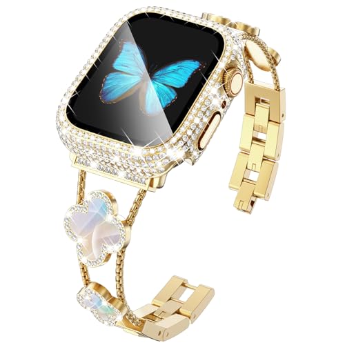 Vierblättriges Kleeblatt-Armband für Apple Watch, 40 mm, mit vollständiger Diamant-Schutzhülle, eingebauter Displayschutz aus gehärtetem Glas für Gold Apple Band Serie SE 6 5 4 für WomenProtector (40 von KADES