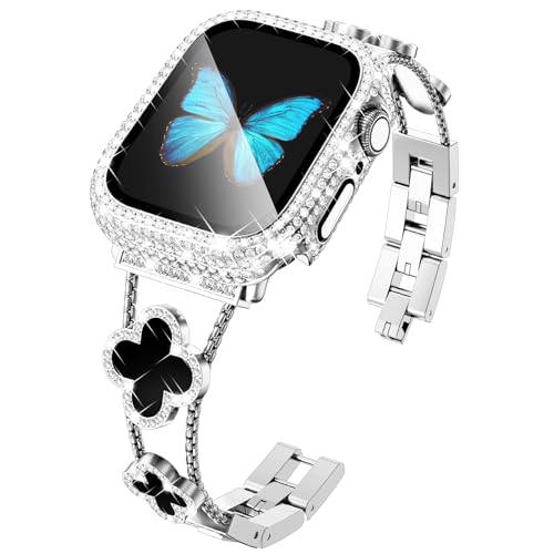 Vierblättriges Kleeblatt-Armband für Apple Watch, 40 mm, mit vollständiger Diamant-Schutzhülle, eingebauter Displayschutz aus gehärtetem Glas für Silber, Apple Band Serie SE 6, 5, 4 für Damen (40 mm, von KADES