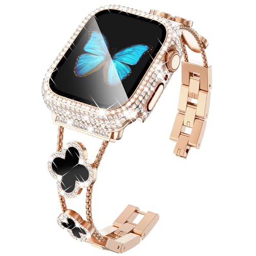 Vierblättriges Kleeblatt-Armband für Apple Watch, 40 mm, mit vollständiger Diamant-Schutzhülle, integrierter Displayschutzfolie aus gehärtetem Glas für Roségold, Apple Band Serie SE 6, 5, 4 für Damen von KADES