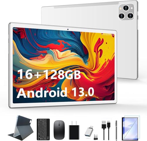 2024 Neueste 5G WLAN Android Tablet 10 Zoll,128GB ROM (1TB TF),Octa-Core,1080LCD,GPS | Google GMS-Zertifizierung| 13 MP | 2.0GHz | 7000 mAh |Tablet mit Tastatur Maus Stift, 2 Jahre Garantie-(Silbrig) von KADYBE