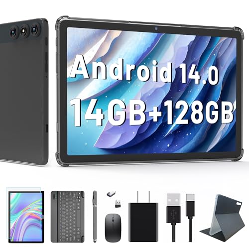 2025 Neuestes Tablet 10 Zoll 2 in 1 Android 14 Tablet mit Tastatur,Octa-Core 14 + 128GB ROM(TF 1TB) 13MP + 8MP Kamera, mit Schutzhülle Maus Stylus Unterstützung 5G WiFi, IPS FHD von KADYBE