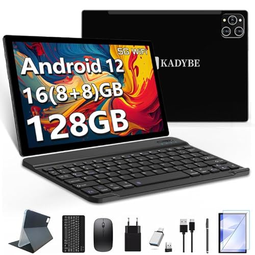 KADBYE 2024 Neueste Android 12 Tablet 10 Zoll mit Tastatur,16GB RAM+128GB ROM(TF 1TB),2.4GHZ+5G WiFi,Octa-Core, Tablet mit Maus und Stift,5MP/13MP GPS/GMS/7000mAh Black von KADYBE