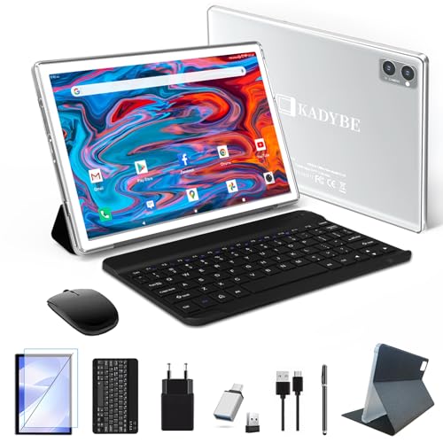 KADYBE 2024 Neueste 5G WLAN Tablet 10 Zoll,128GB ROM (1TB TF),Octa-Core,1080FHD,Android 12 Tablet mit Tastatur Maus Stift,Google GMS| GPS|OTG| 8+13 MP | 1.8GHz | 7000 mAh |2 Jahre Garantie-(Silbrig) von KADYBE