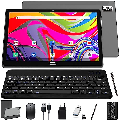 KADYBE 2024 Neueste Android 13 Tablet 10 Zoll,2-in-1 Tablet Mit 2 SIM Slots 1 SD, 64GB ROM TF 512GB,Octa-Core,Tablets PC mit Tastatur Maus Schutzhülle,1080 LCD,5MP+13MP,WiFi GPS OTG-Typ C(Grau) von KADYBE