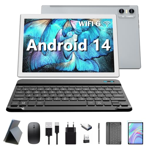 KADYBE 2025 Neueste WLAN 6 Android 14 Tablet 10 Zoll,64GB ROM (512GB TF),Octa-Core,|GMS-Zertifizierung| 5+13 MP | 1.8GHz | 7000 mAh | Tablet PC mit Tastatur Maus Stift, 2 Jahre Garantie-(Silbrig) von KADYBE