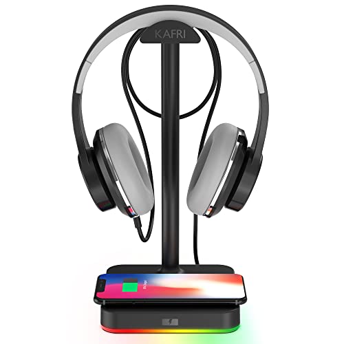RGB-Kopfhörerständer mit kabellosem Ladegerät, KAFRI Schreibtisch-Gaming-Headset-Halterung mit 10 W/7,5 W Schnellladung, kabelloses Qi-Ladepad, geeignet für Gamer, Desktop, Spiel, Kopfhörer-Zubehör von KAFRI