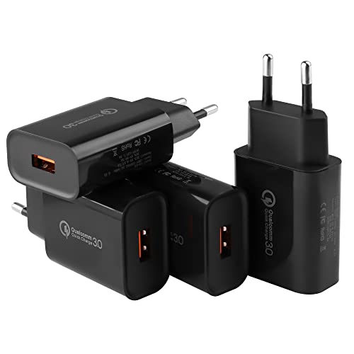 4 Stücke USB Ladegerät Stecker, 18W Quick Charge 3.0 Schnellladegerät Ladestecker USB Netzteil für Samsung S23 S22 S21 S20 S10 S7 S8 S9 / Edge/Plus/Active, A13 A53, Note 5/8/9/10, Schnellladung von KAIMENGLONG