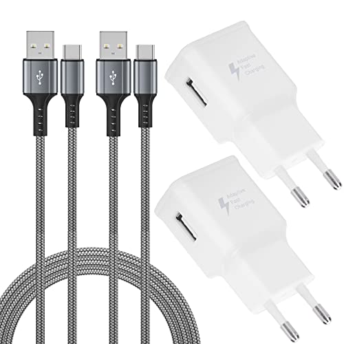 KAIMENGLONG Ladegerät Fast Charge Schnellladegerät Netzteil mit 2M USB Typ C Nylon Ladekabel für Samsung Galaxy S21 S21FE S21+ S20FE S20 Ultra S10 S9 S8/Note 10/9/8/A14 A34 A53 A54 (2er Pack) von KAIMENGLONG