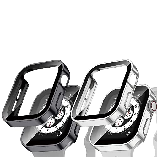 KAKUYI 2 Stück Hard Schutzhülle Kompatibel mit Apple Watch Hülle 40mm Series 6/SE/Series 5/Series 4 mit Tempered Glass Displayschutz, PC Harte Hülle Kratzfest Gehäuse (Versilbert/Schwarz plattiert) von KAKUYI