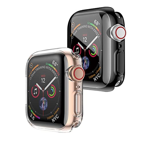 KAKUYI 2 Stück Hülle kompatibel mit Apple Watch Series 8 Series 7 45mm mit Soft HD High Sensitivity Displayschutz, Soft TPU Overall Protective Cover (Klar + Schwarz plattiert) von KAKUYI