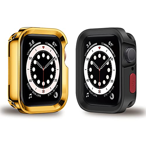 KAKUYI 2 Stück Rugged Schutzhülle Kompatibel mit Apple Watch Series 7/8 45mm Series 6 / SE/Serie 5 / Series 4 44mm Weiche TPU Kratzfeste Voller Körper Case (Vergoldet/Dunkelschwarz) von KAKUYI