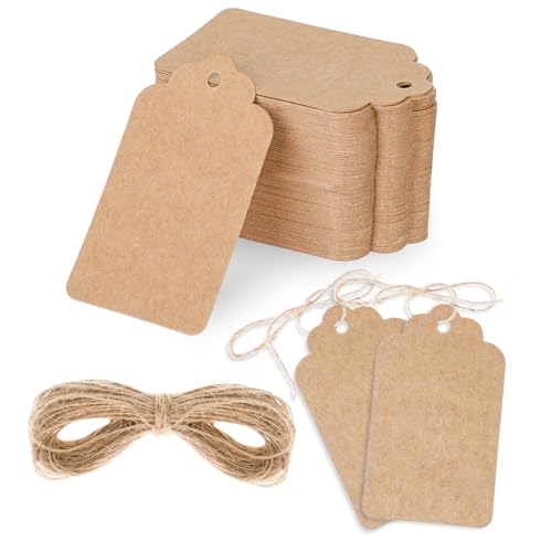 100 Stück Geschenkanhänger Kraftpapier, Geschenkanhänger mit Schnur Preisschild Kraftpapieranhänger leere Beschriftung Gepäcketiketten mit Schnur Geschenkanhänger für Hochzeit (braun, 4 x 7 cm) von KALIONE