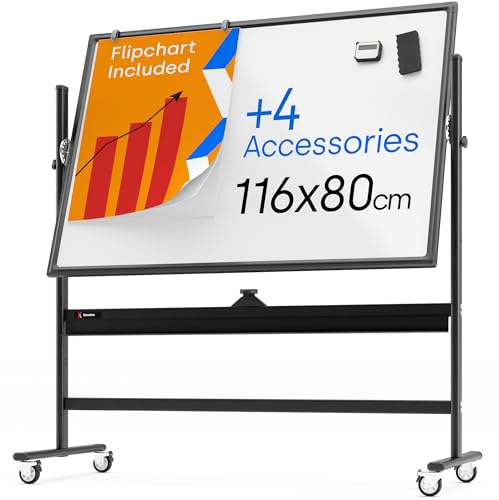 Rollendes magnetisches Whiteboard 116 x 80 cm - Großes tragbares Whiteboard mit Ständer - Doppelseitiges Whiteboard mit Rädern - Mobiles Whiteboard für Büro, Klassenzimmer und Zuhause von KAMELLEO