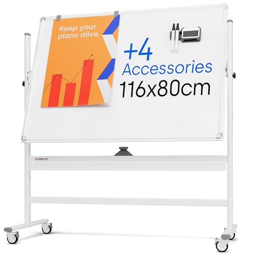 Rollendes magnetisches Whiteboard 116 x 80 cm - Großes tragbares Whiteboard mit Ständer - Doppelseitiges Whiteboard mit Rädern - Mobiles Whiteboard für Büro, Klassenzimmer und Zuhause von KAMELLEO