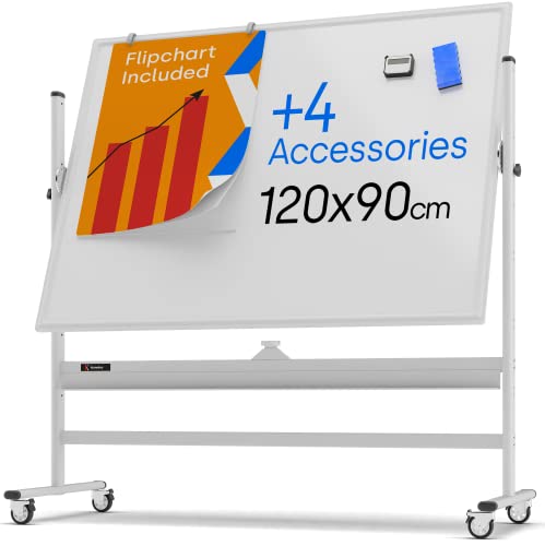 Rollendes magnetisches Whiteboard 120 x 90 cm - großes tragbares Whiteboard mit Ständer - doppelseitiges Whiteboard mit Rädern - mobiles Whiteboard für Büro, Klassenzimmer und Zuhause von KAMELLEO