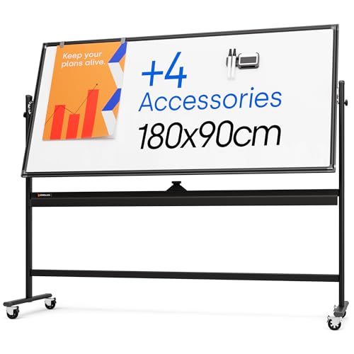 Rollendes magnetisches Whiteboard 180 x 90 cm - Großes tragbares Whiteboard mit Ständer - Doppelseitiges Whiteboard mit Rädern - Mobiles Whiteboard für Büro, Klassenzimmer und Zuhause von KAMELLEO