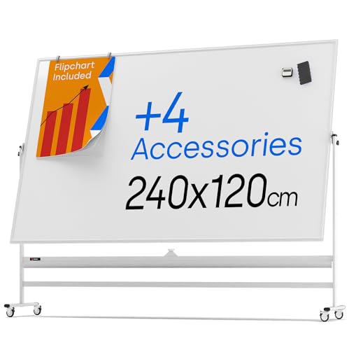 Rollendes magnetisches Whiteboard 240 x 120 cm - großes tragbares Whiteboard mit Ständer - doppelseitiges Whiteboard mit Rollen - mobiles Steh-Whiteboard für Büro, Klassenzimmer & Zuhause von KAMELLEO