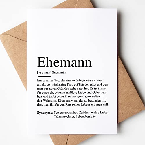 KAMEWI® Grußkarte EHEMANN Definition | Klappkarte mit Briefumschlag aus Kraftpapier | Hochzeit Verlobung Geschenk Mr & Mrs Hochzeitsgeschenk Hochzeitstag Jahrestag Glücklich Liebe Herzensmensch von KAMEWI