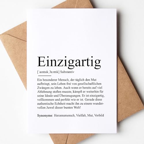 KAMEWI® Grußkarte EINZIGARTIG Definition | Klappkarte mit Briefumschlag aus Kraftpapier | Geschenk Herzensmensch Geburtstag Lieblingsmensch Seelenverwandte Beste Freundin von KAMEWI