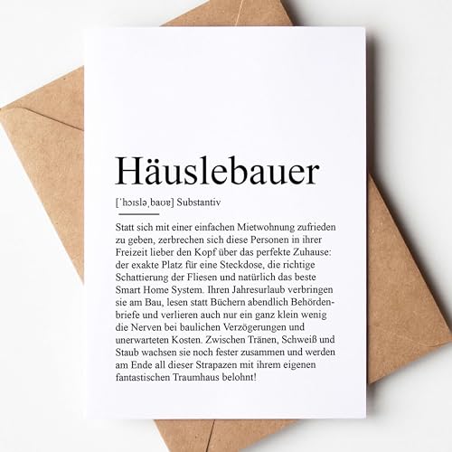 KAMEWI® Grußkarte HÄUSLEBAUER Definition | Klappkarte mit Briefumschlag aus Kraftpapier | Geschenk Hausbau Geldgeschenk Eigenheim von KAMEWI