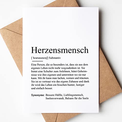 KAMEWI® Grußkarte HERZENSMENSCH Definition | Klappkarte mit Briefumschlag aus Kraftpapier | Bedanken Geschenk Glück Geburtstag Lieblingsmensch Seelenverwandte Beste Freundin von KAMEWI