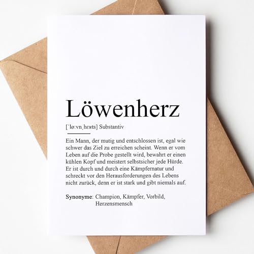 KAMEWI® Grußkarte LÖWENHERZ Definition | Klappkarte mit Briefumschlag aus Kraftpapier | Mutmacher Geschenk Aufmuntern Krebs Krebskämpfer Lieblingsmensch Bester Freund Herzensmensch von KAMEWI